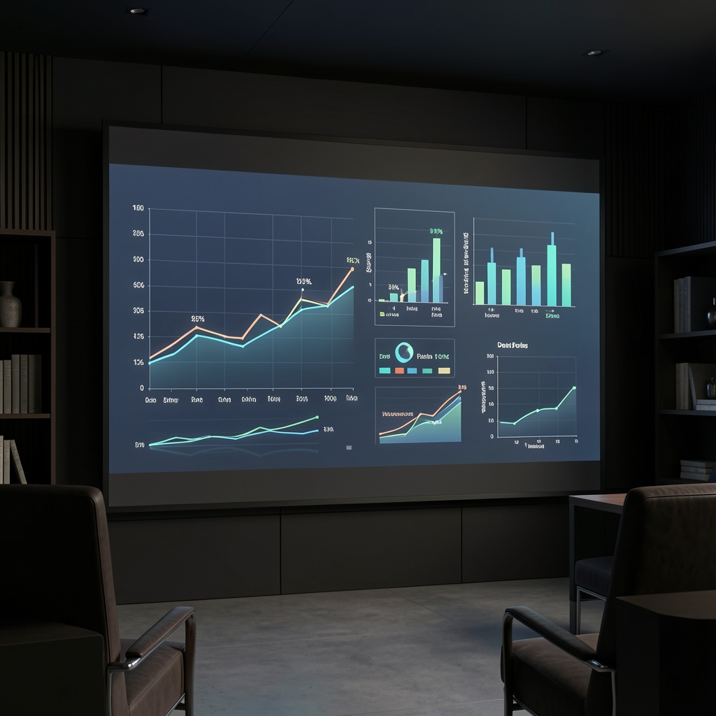 Data vizualizacija na velikom digitalnom ekranu u tamnoj analitičkoj sobi, grafici i dijagrami toka podataka