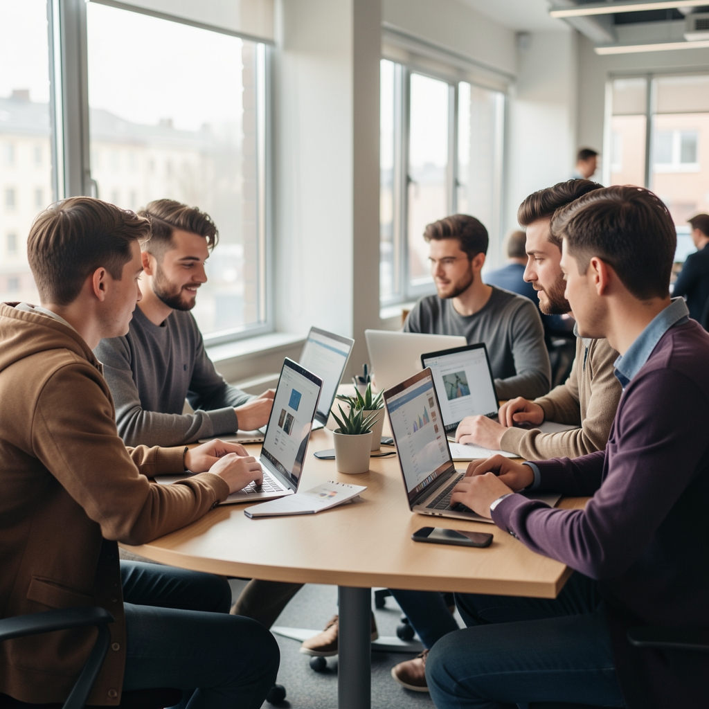 Mladi srpski preduzetnici u modernom coworking prostoru u Novom Sadu rade na laptopima