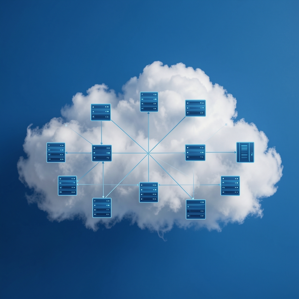 Digitalni oblak sa konekcijama i serverskim ikonama koji simbolizuje cloud infrastrukturu na plavoj pozadini