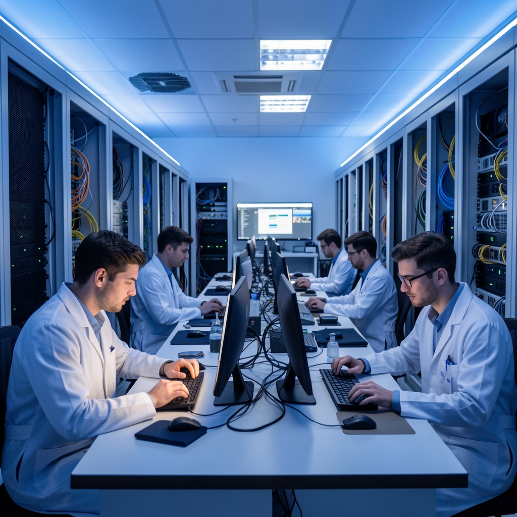 Laboratorija sa serverskim rekom i plavim LED osvetljenjem, istraživači rade na quantnom računarstvu