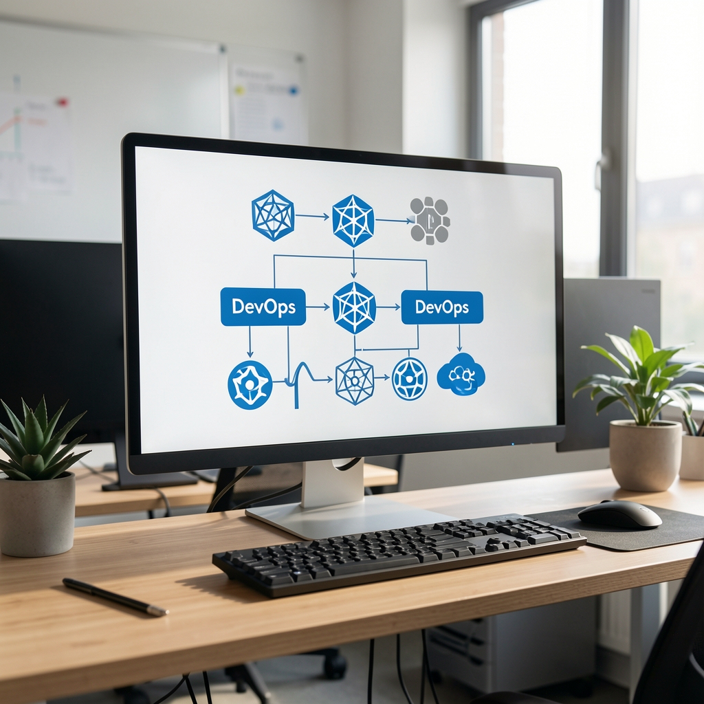 CI/CD pipeline dijagram na monitoru sa DevOps simbolima, Kubernetes logotipima i cloud ikonama u kancelariji