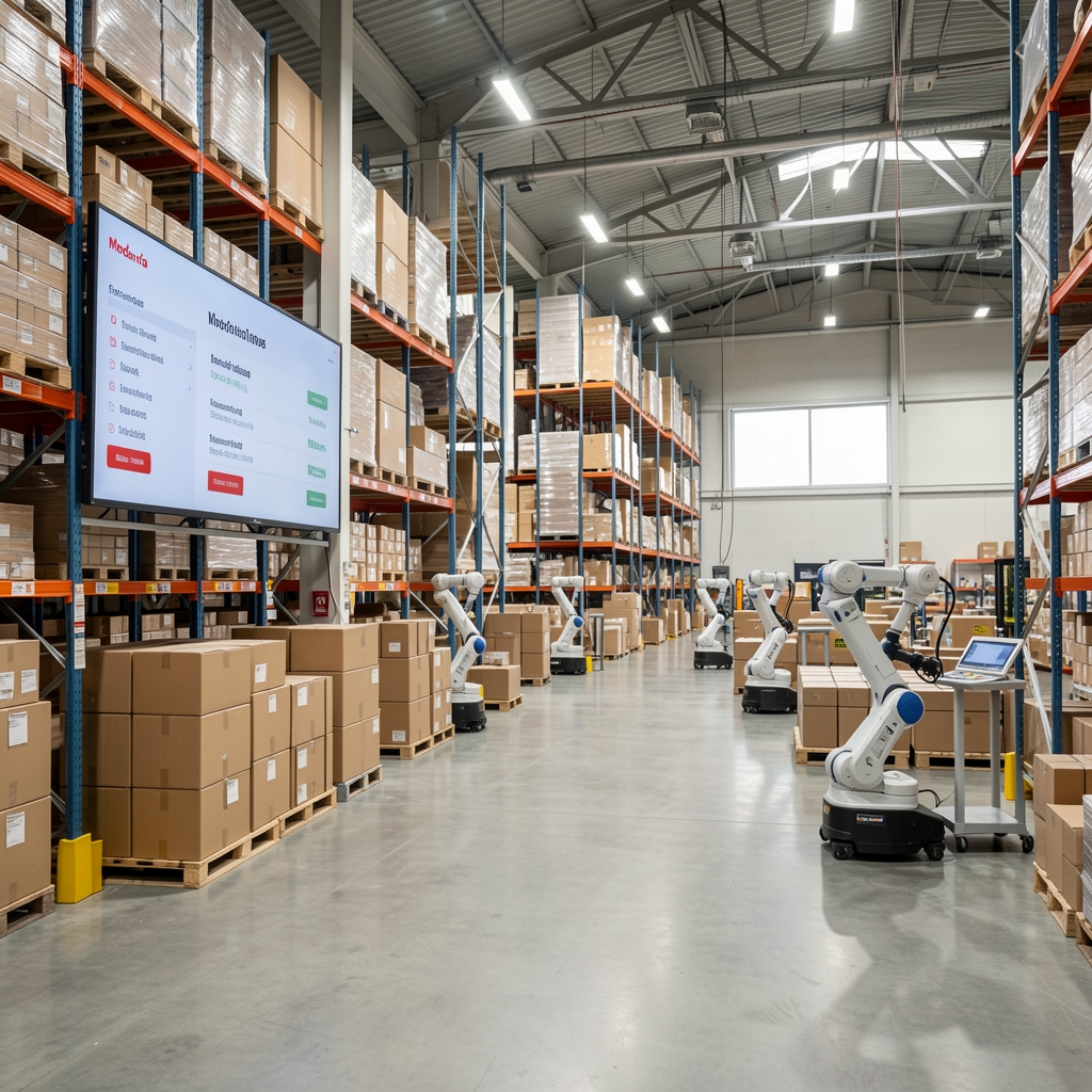 Moderna ecommerce skladišta sa robotima za sortiranje paketa i digitalni ekrani sa narudžbinama