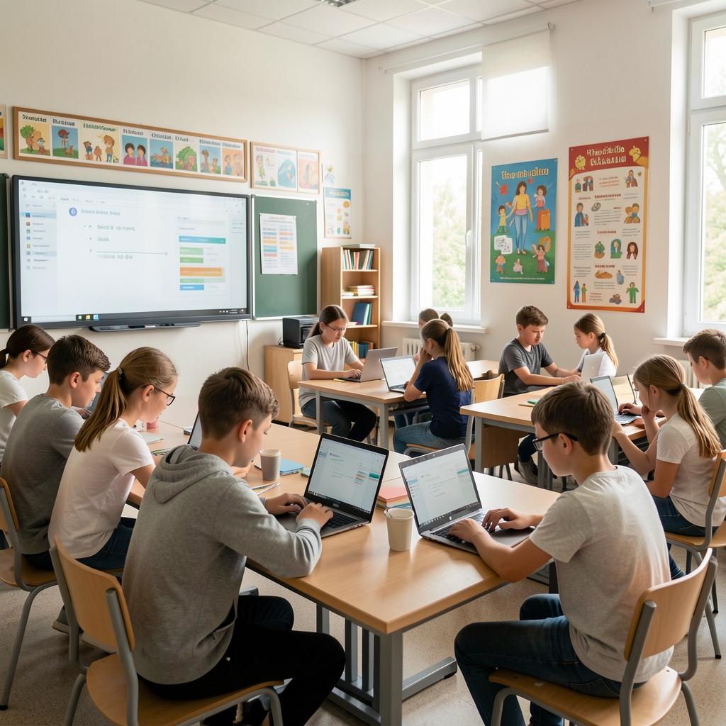 Učenici rade na laptopu u svetloj modernoj učionici sa interaktivnim tablama i edukativnim posterima
