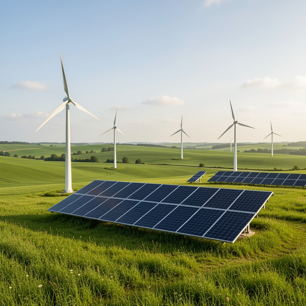 Solarni paneli i vetrenjače na zelenoj livadi koji simbolizuju zelenu tehnologiju i obnovljivu energiju