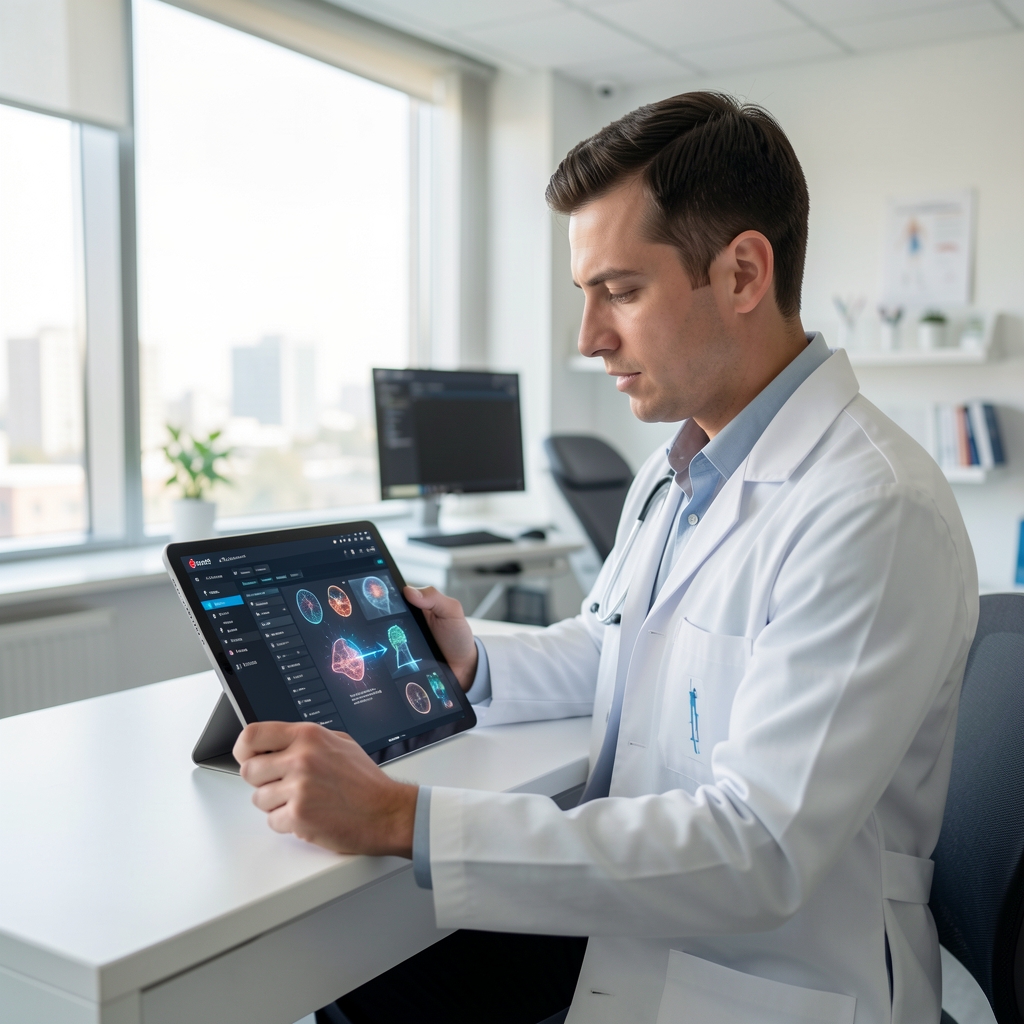 Doktor koristi tablet sa medicinskim softverom i AI dijagnostičkim alatom u modernoj ordinaciji