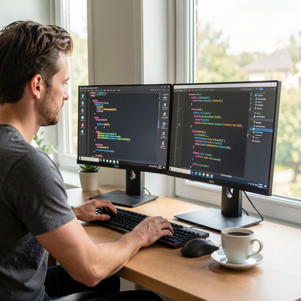 Programer radi od kuće na dva monitora sa kodo na ekranu i šoljicom kafe na stolu kraj prozora