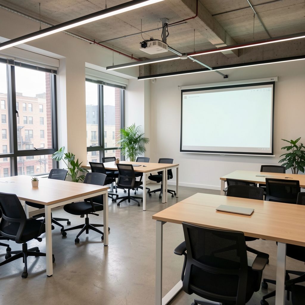 Novi Sad startup hub co-working prostor sa modernim radnim stolovima i projektorom na prezentaciji
