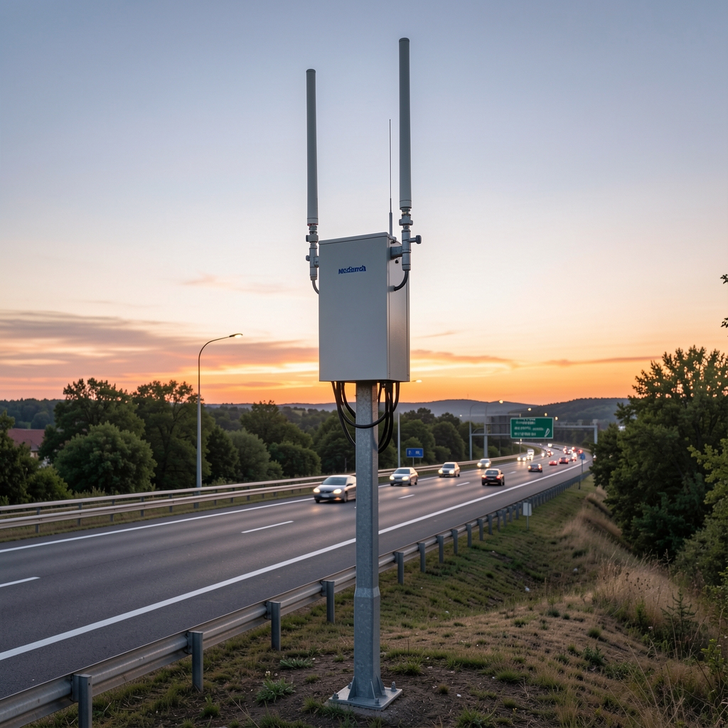 Moderna 5G bazna stanica Telekoma Srbija na metalnom stubu sa antenama pored autoputa u okolini Beograda tokom sumraka