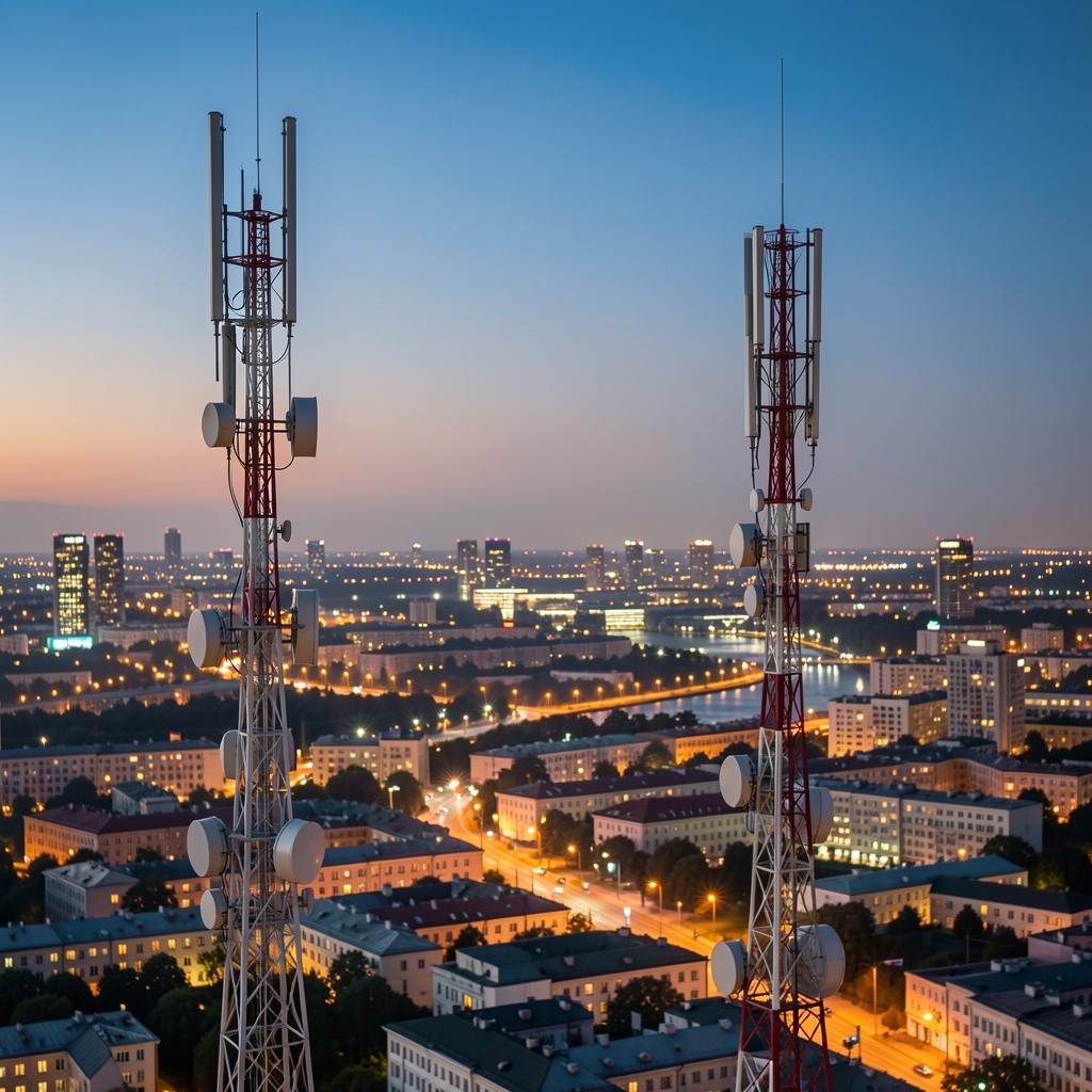 5G antene i telekomunikacioni tornjevi u večernjem svetlu sa gradskim svetlima u pozadini